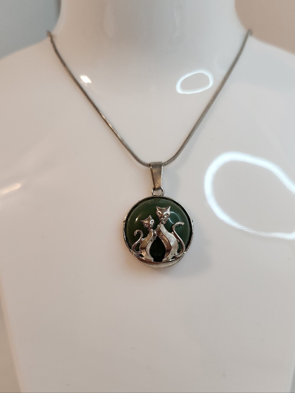Silver-tone Cat Necklace Pendant w/ Green Faux Stone Free W/Purchase Of 3+ Items